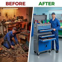 13-Drawer Rolling Tool Chest, Large Tool Chest with Wheels, 2 in 1 Detachable Tool Chests, Portable Tool Storage, Locking Mechanic Tool Box for Warehouse, Garage, Gray & Blue — Before & After
