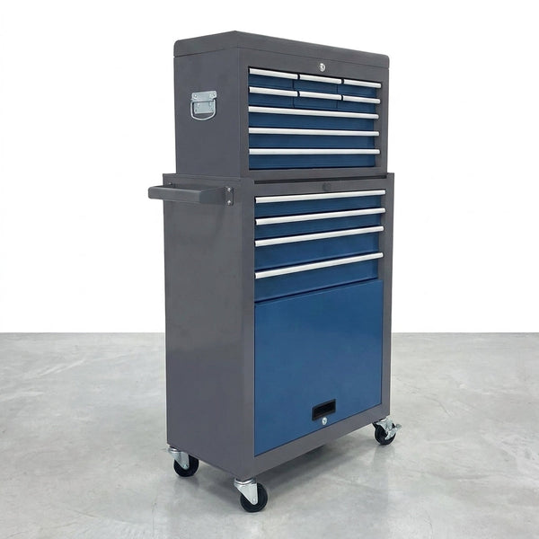 13-Drawer Rolling Tool Chest, Large Tool Chest with Wheels, 2 in 1 Detachable Tool Chests, Portable Tool Storage, Locking Mechanic Tool Box for Warehouse, Garage, Gray & Blue — Studio Shot