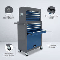 13-Drawer Rolling Tool Chest, Large Tool Chest with Wheels, 2 in 1 Detachable Tool Chests, Portable Tool Storage, Locking Mechanic Tool Box for Warehouse, Garage, Gray & Blue — infographic