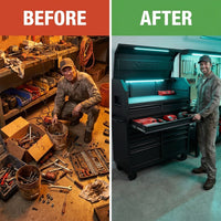 56 In. W X 22 In. D Heavy Duty 23-Drawer Combination Rolling Tool Chest and Top Tool Cabinet Set in Matte Black — Before & After