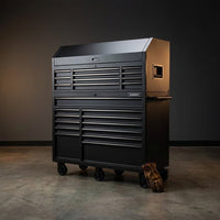 56 In. W X 22 In. D Heavy Duty 23-Drawer Combination Rolling Tool Chest and Top Tool Cabinet Set in Matte Black — Studio Shot