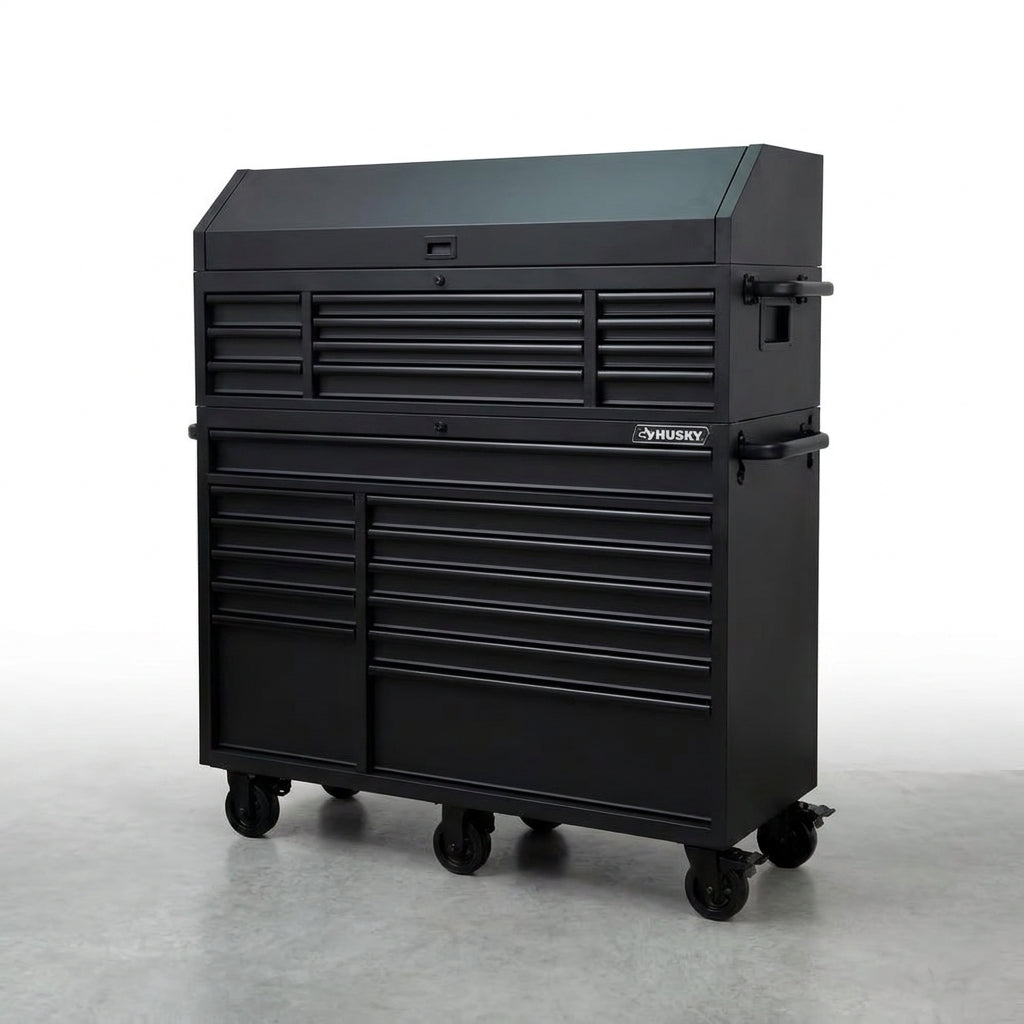 56 In. W X 22 In. D Heavy Duty 23-Drawer Combination Rolling Tool Chest and Top Tool Cabinet Set in Matte Black — Studio Shot