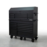 56 In. W X 22 In. D Heavy Duty 23-Drawer Combination Rolling Tool Chest and Top Tool Cabinet Set in Matte Black — Studio Shot