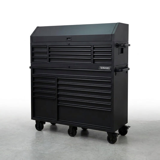 56 In. W X 22 In. D Heavy Duty 23-Drawer Combination Rolling Tool Chest and Top Tool Cabinet Set in Matte Black — Studio Shot