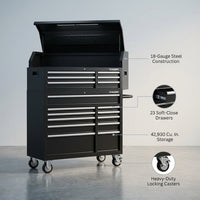 56 In. W X 22 In. D Heavy Duty 23-Drawer Combination Rolling Tool Chest and Top Tool Cabinet Set in Matte Black — infographic