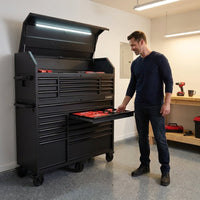56 In. W X 22 In. D Heavy Duty 23-Drawer Combination Rolling Tool Chest and Top Tool Cabinet Set in Matte Black — Lifestyle