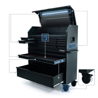56 In. W X 22 In. D Heavy Duty 23-Drawer Combination Rolling Tool Chest and Top Tool Cabinet Set in Matte Black — How It Works