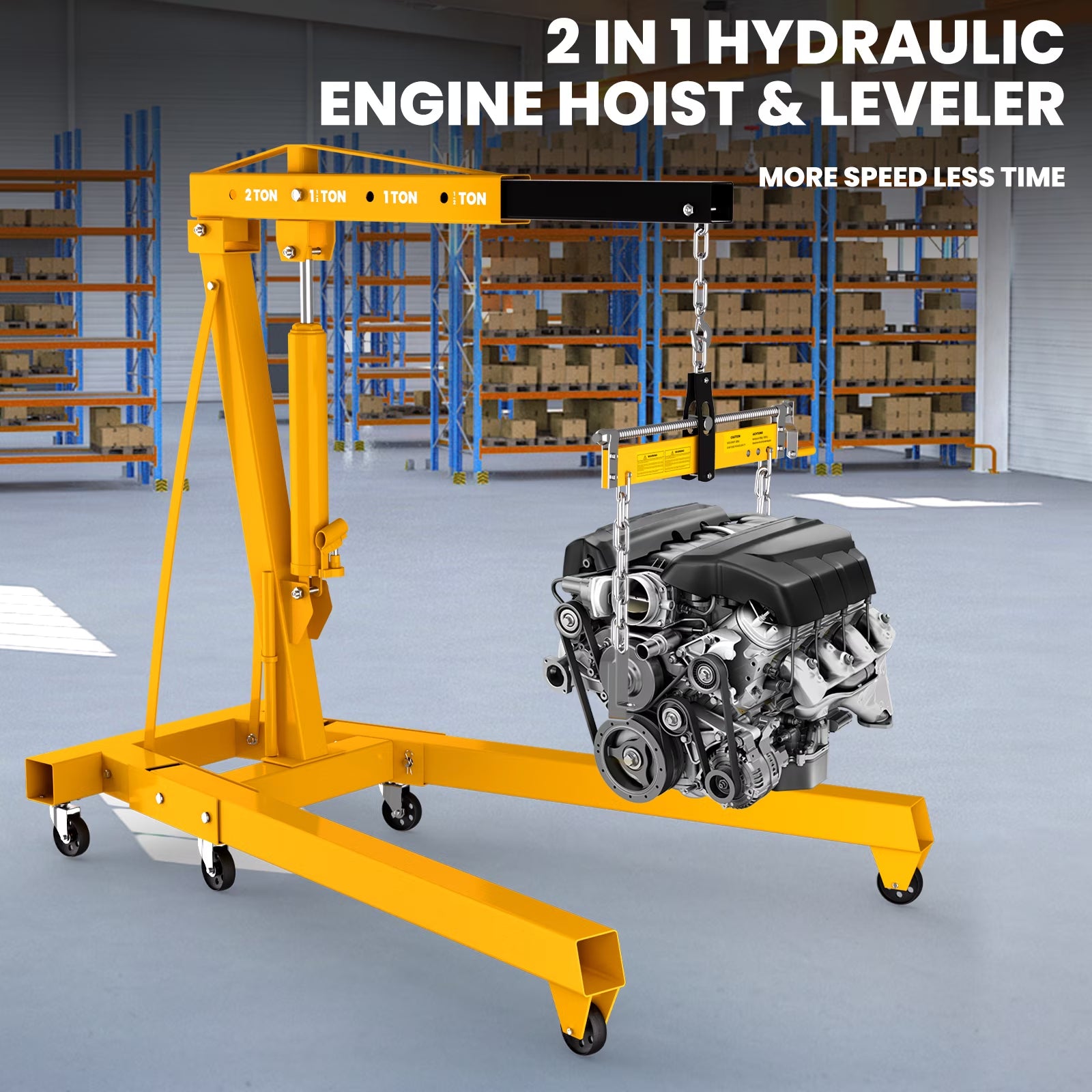 Yellow Hydraulic Folding Engine Hoist with Lever, 2 Ton/4400 LBS Load Capacity, Cherry Picker Shop Crane with 360° Casters & Telescoping Boom, Engine Crane with Leveler for Engine Lifting