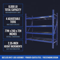 Garage Storage Shelves - Heavy Duty 4-Tier Adjustable Metal Wire Shelving Units with 8000 Lbs Total Capacity for Garage Basement Racking Organization - 72" H X 77" W X 24" D — Results & Stats