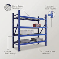 Garage Storage Shelves - Heavy Duty 4-Tier Adjustable Metal Wire Shelving Units with 8000 Lbs Total Capacity for Garage Basement Racking Organization - 72" H X 77" W X 24" D — infographic