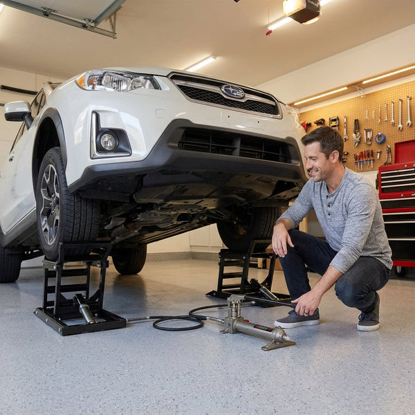 Hydraulic Car Lift Designed for Home Garage Use, Drive-Up Ramp, 3000 Lb Capacity, Steel Construction
