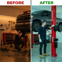 Two Post Car Lift Engineered for Heavy Duty Use, 12000 Lb Capacity, 70.87 Inch Height, Dual Hydraulic — Before & After