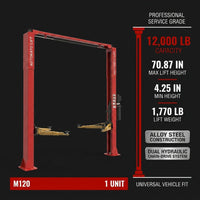 Two Post Car Lift Engineered for Heavy Duty Use, 12000 Lb Capacity, 70.87 Inch Height, Dual Hydraulic — Results & Stats