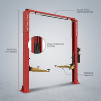 Two Post Car Lift Engineered for Heavy Duty Use, 12000 Lb Capacity, 70.87 Inch Height, Dual Hydraulic — infographic